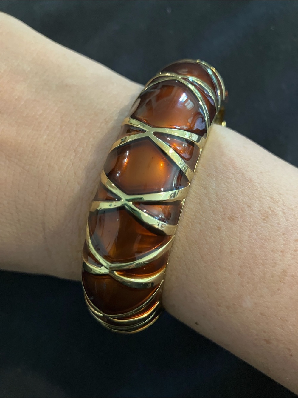 Kenneth Jay Lane Amber-Tone Resin Bangle with Gold Lattice